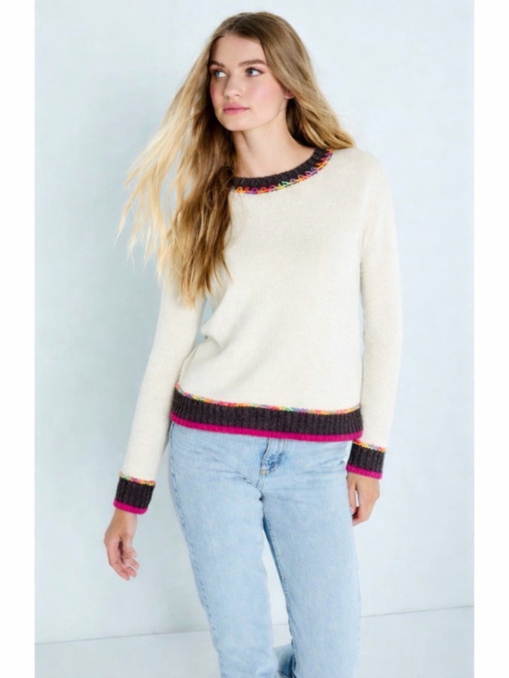 Lisa Todd Cream/Tan & Neon Rainbow Colorblock Border Order Knit Cotton Sweater M - Picture 1 of 8